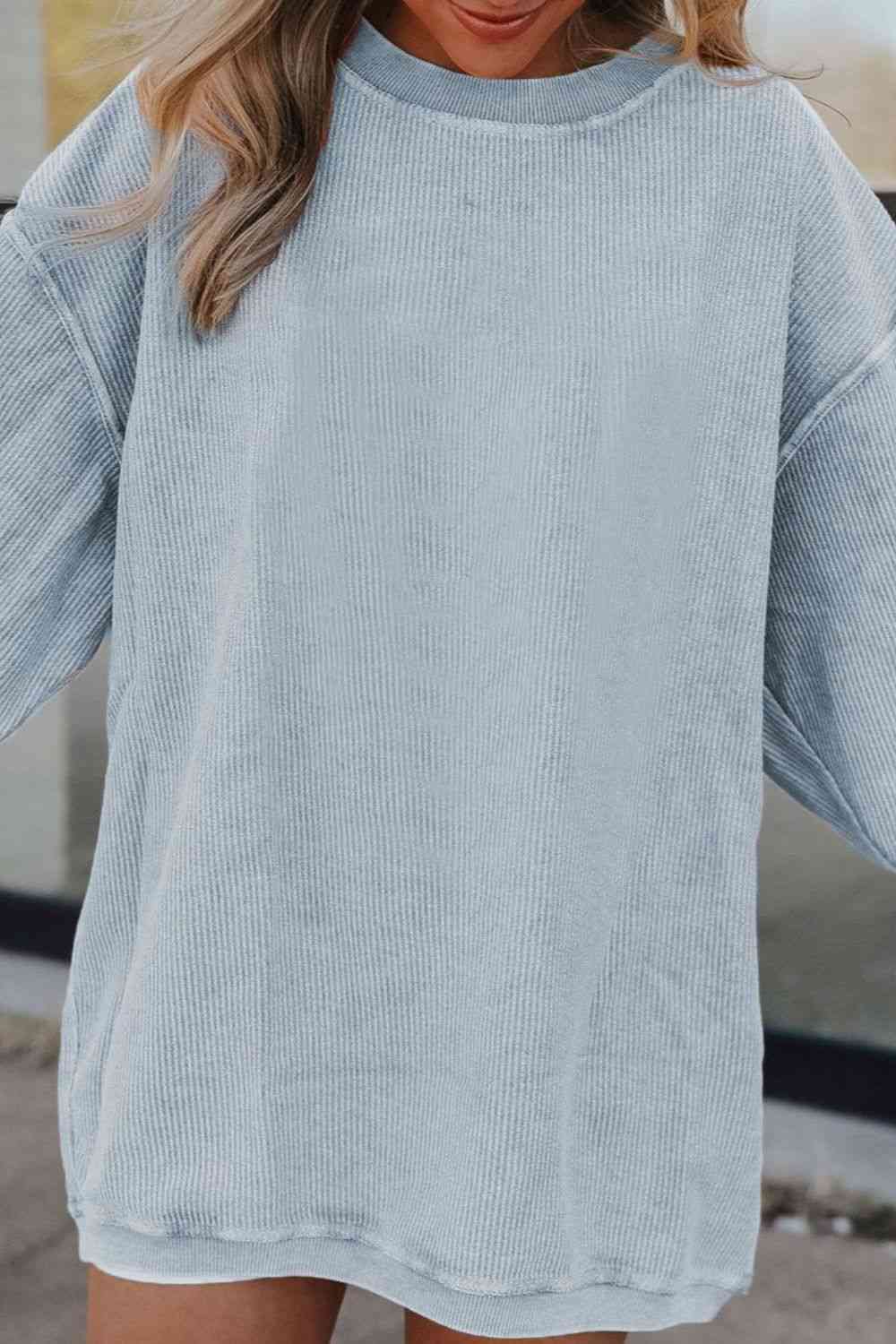 Ribbed Round Neck Drop Shoulder Sweatshirt BLUE ZONE PLANET