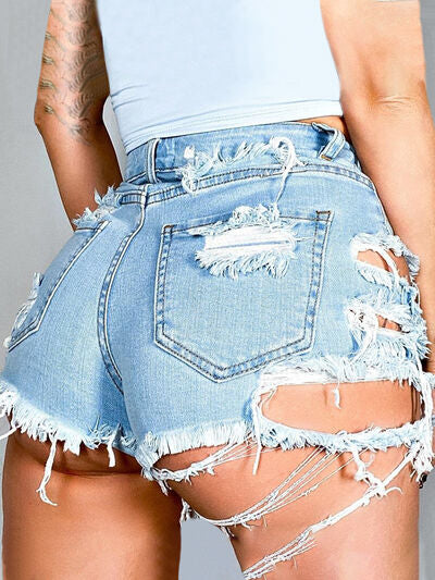 Blue Zone Planet |  Distressed Raw Hem Denim Shorts with Pockets BLUE ZONE PLANET