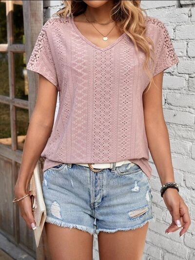 Eyelet V-Neck Short Sleeve T-Shirt Trendsi