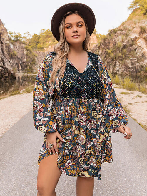 Plus Size Floral Tie Neck Balloon Sleeve Mini Dress BLUE ZONE PLANET