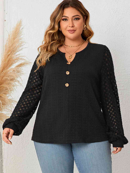 Plus Size Openwork Notched Button Front Blouse BLUE ZONE PLANET
