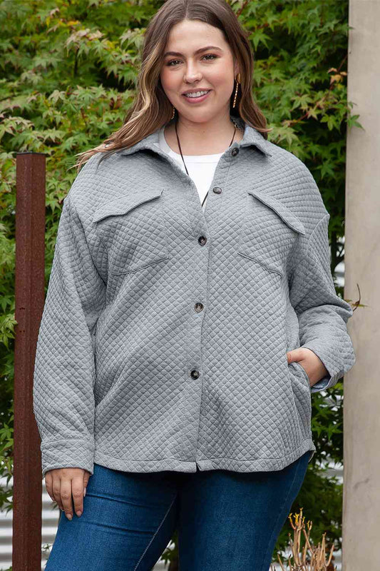 Plus Size Collared Neck Button Up Pocketed Jacket BLUE ZONE PLANET