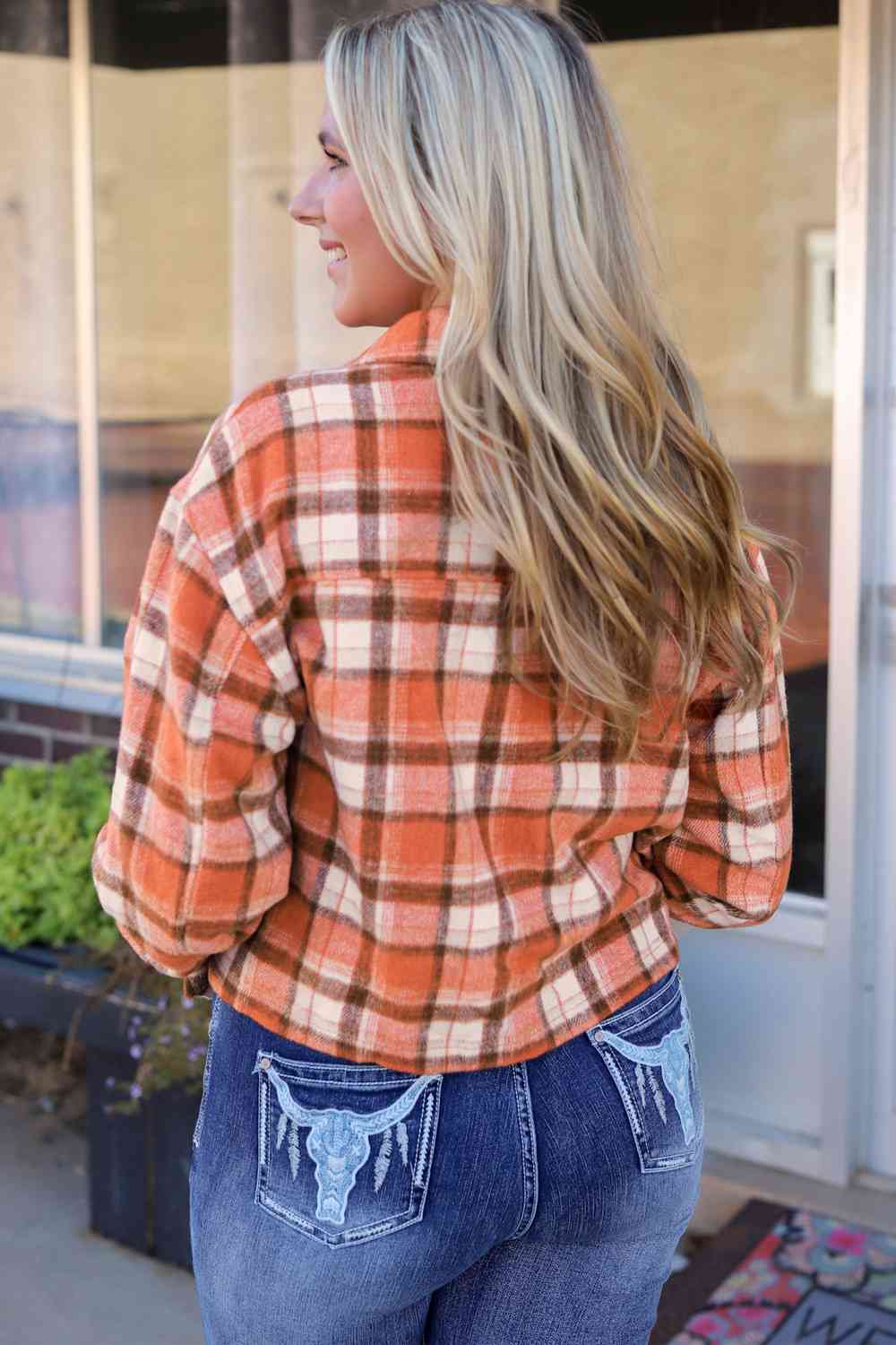 Plaid Collared Neck Button Down Jacket BLUE ZONE PLANET