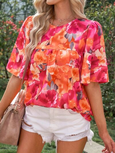 Printed Round Neck Half Sleeve Blouse Trendsi