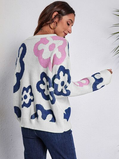 Flower Pattern Round Neck Long Sleeve Sweater BLUE ZONE PLANET