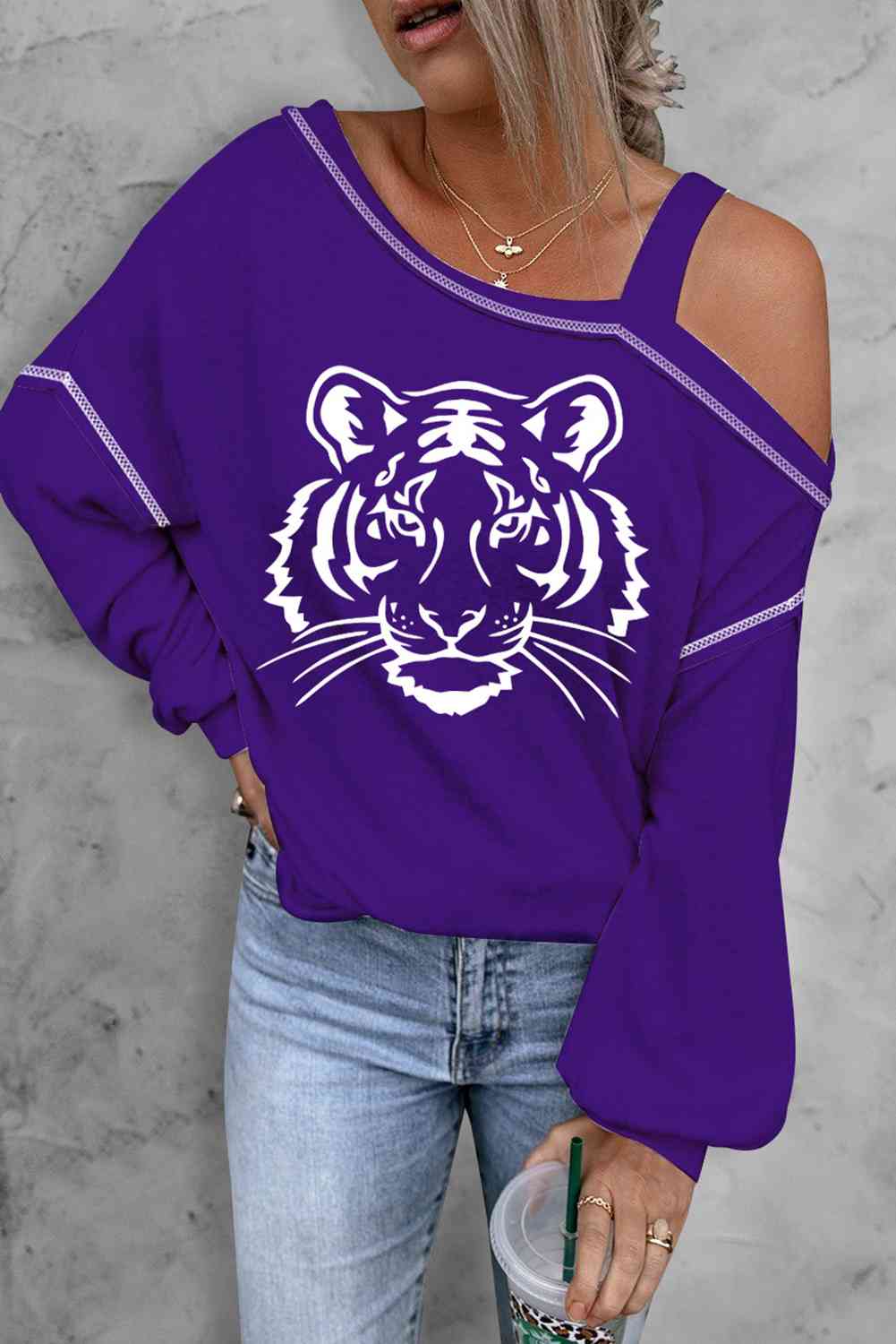 Tiger Graphic Long Sleeve Asymmetrical Neck Top BLUE ZONE PLANET