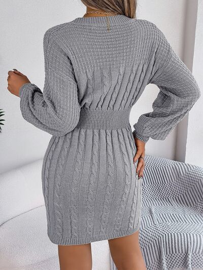 Cable-Knit Cutout Round Neck Slit Sweater BLUE ZONE PLANET