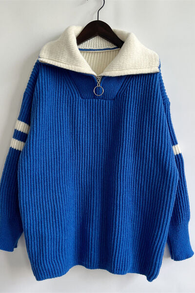 Quarter Zip Striped Dropped Shoulder Sweater Trendsi