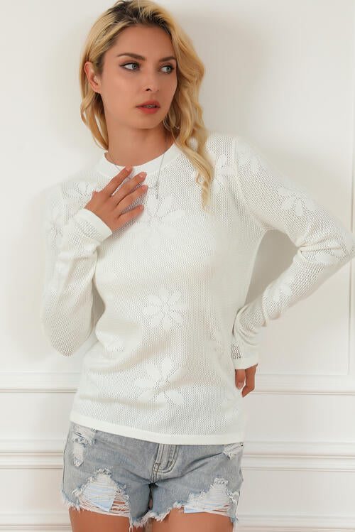 Floral Eyelet Round Neck Long Sleeve Knit Top BLUE ZONE PLANET