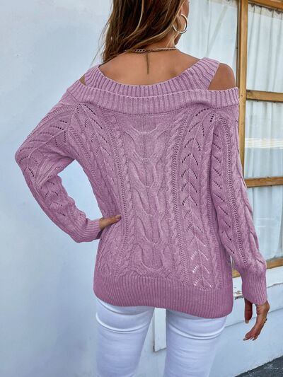 Blue Zone Planet |  Cable-Knit Openwork Sweetheart Neck Sweater BLUE ZONE PLANET