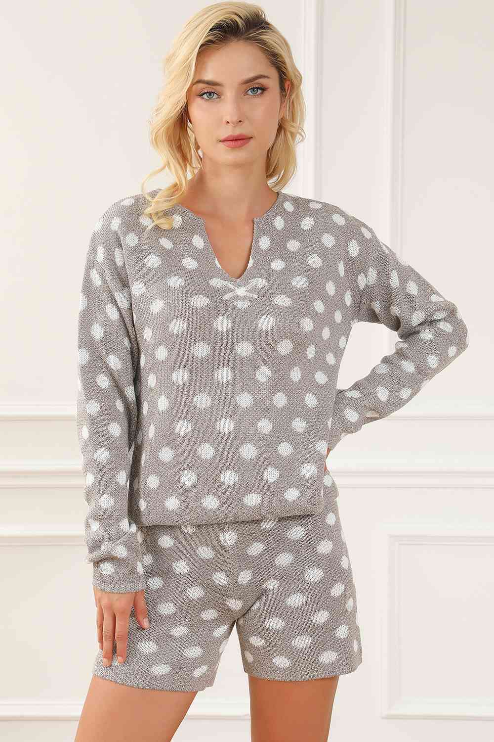 Polka Dot Notched Neck Top and Shorts Set BLUE ZONE PLANET
