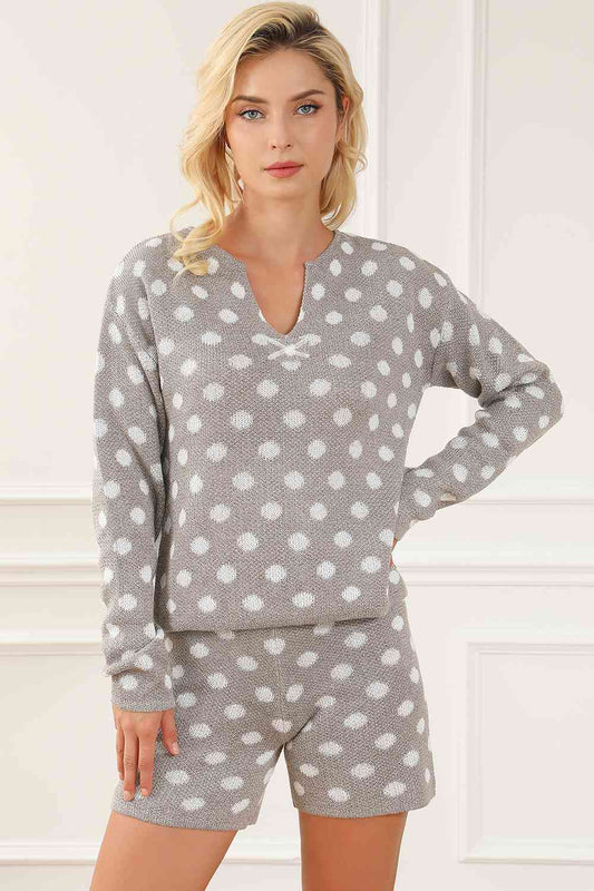 Polka Dot Notched Neck Top and Shorts Set BLUE ZONE PLANET