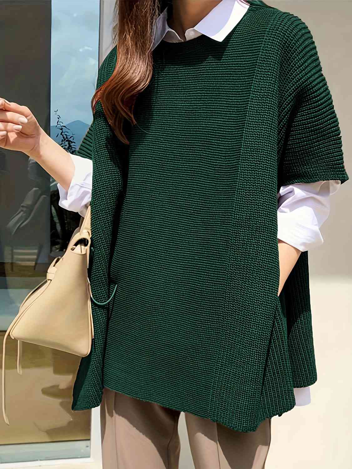 Plus Size Round Neck Slit Short Sleeve Sweater-TOPS / DRESSES-[Adult]-[Female]-Green-1XL-2022 Online Blue Zone Planet