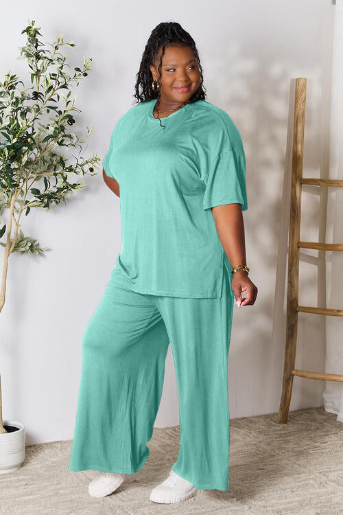 Double Take Full Size Round Neck Slit Top and Pants Set BLUE ZONE PLANET