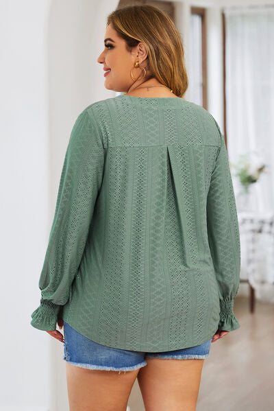 Blue Zone Planet |  Plus Size Eyelet Notched Flounce Sleeve Blouse BLUE ZONE PLANET