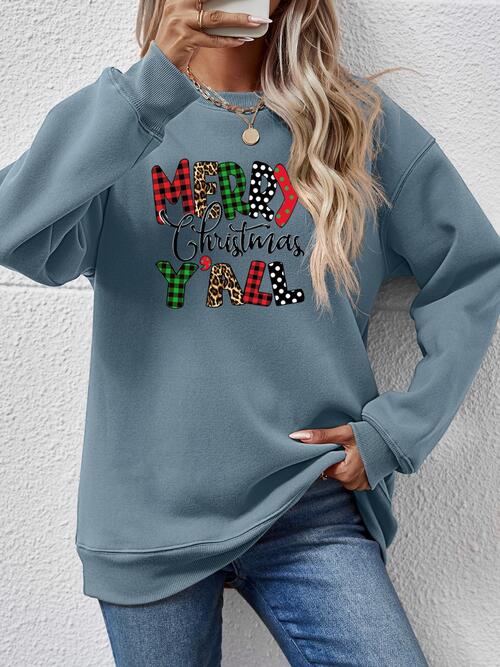 Letter Graphic Round Neck Long Sleeve Sweatshirt BLUE ZONE PLANET