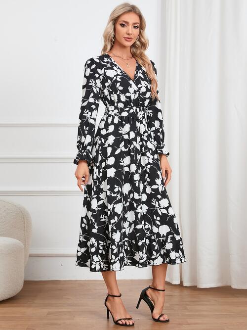 Floral Surplice Flounce Sleeve Ruffle Hem Dress BLUE ZONE PLANET