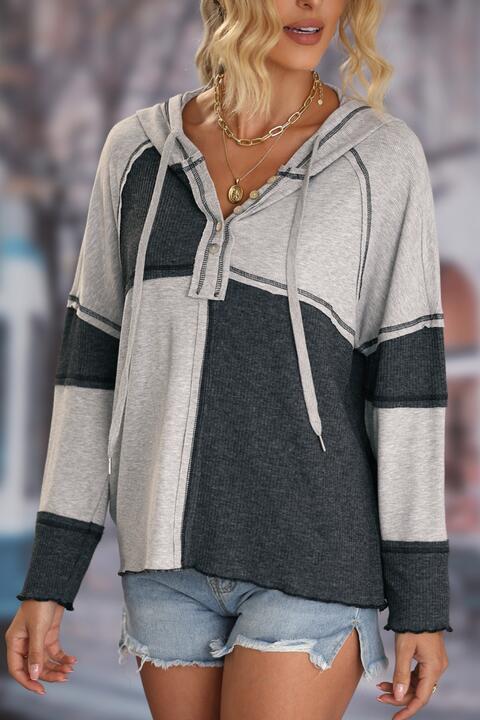 Exposed Seam Color Block Hoodie with Drawstring BLUE ZONE PLANET