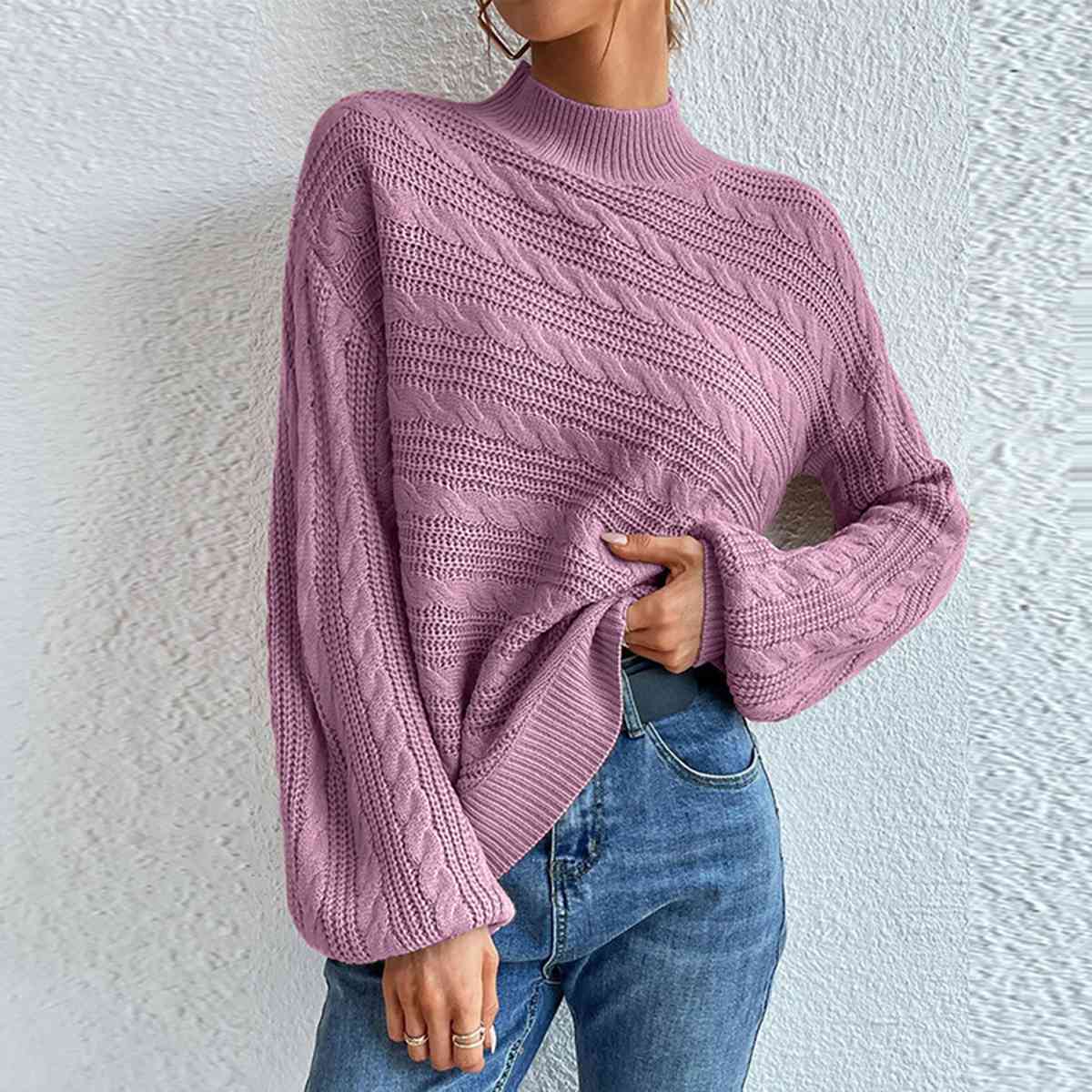 Cable-Knit Mock Neck  Long Sleeve Sweater BLUE ZONE PLANET