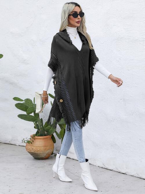 Fringe Trim Buttoned Hooded Poncho BLUE ZONE PLANET