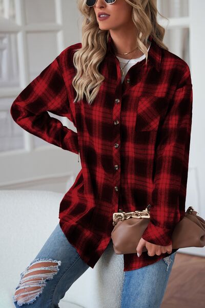 Plaid Button Up Dropped Shoulder Outerwear BLUE ZONE PLANET