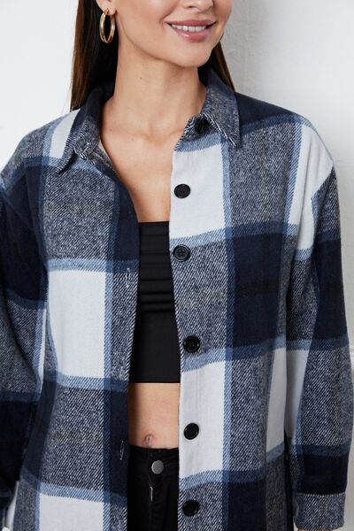 Plaid Button Up Collared Neck Outerwear BLUE ZONE PLANET