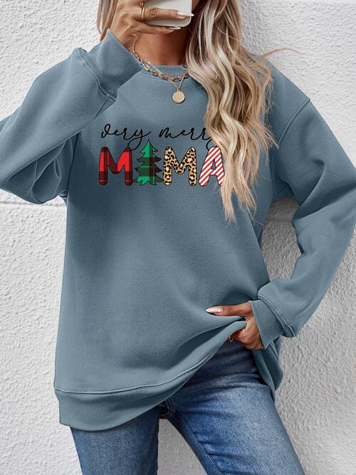 Letter Graphic Round Neck Long Sleeve Sweatshirt BLUE ZONE PLANET