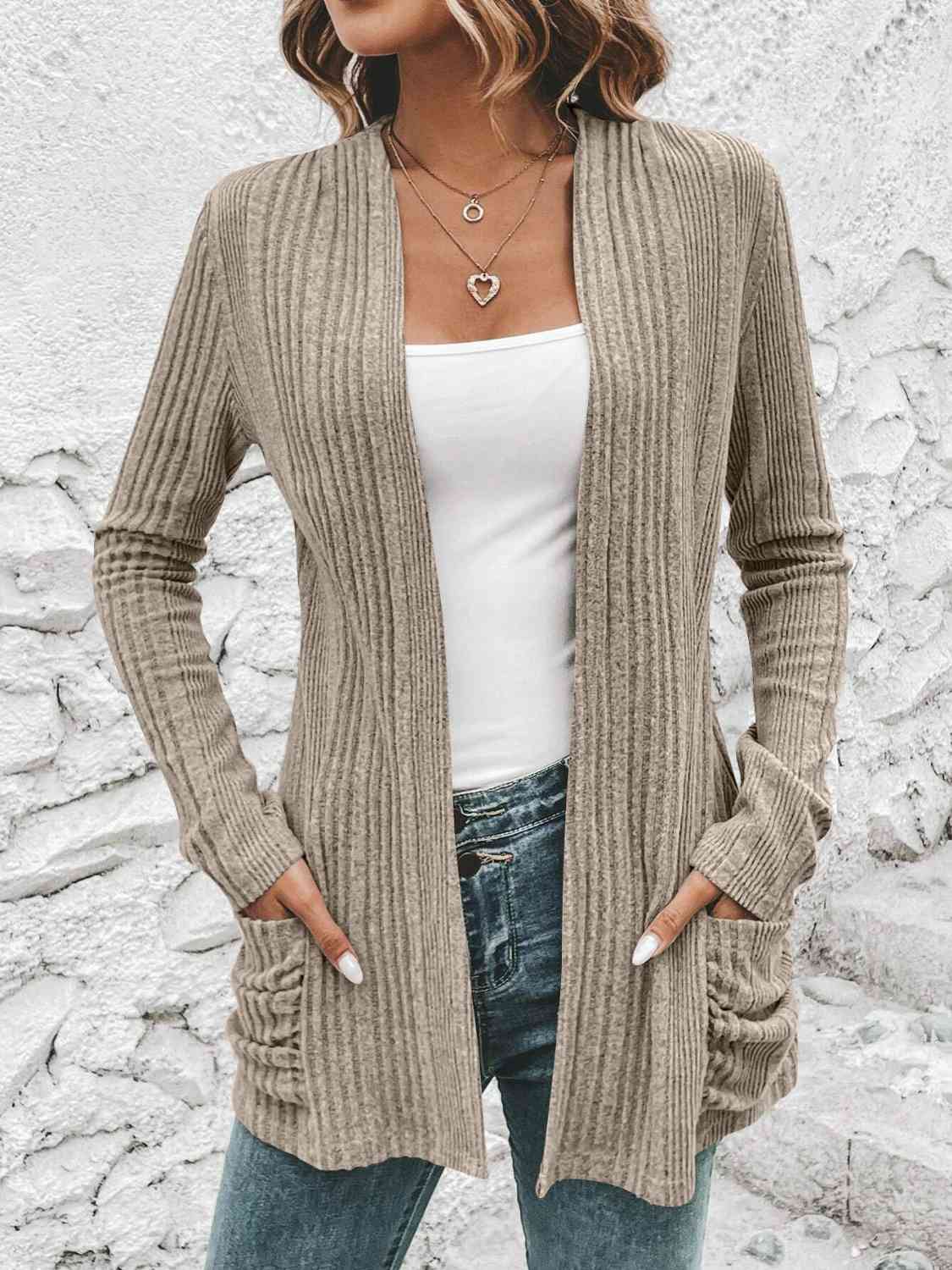 Ribbed Open Front Cardigan with Pockets BLUE ZONE PLANET