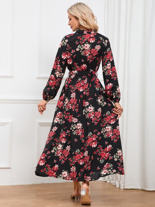 Floral Tie Front Balloon Sleeve Dress BLUE ZONE PLANET