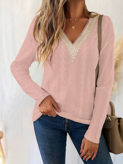 Eyelet V-Neck Dropped Shoulder T-Shirt Trendsi