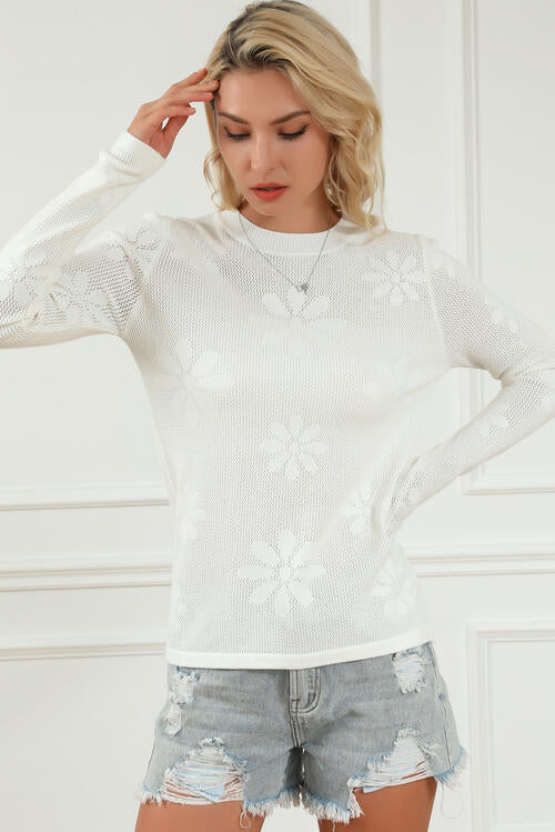 Floral Eyelet Round Neck Long Sleeve Knit Top BLUE ZONE PLANET