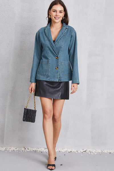 Pocketed Button Up Denim Jacket Trendsi