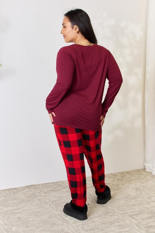 Zenana Full Size Plaid Round Neck Top and Pants Pajama Set BLUE ZONE PLANET