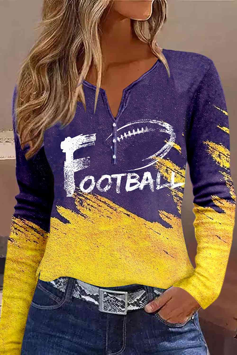 FOOTBALL Graphic Notched Neck Long Sleeve T-Shirt BLUE ZONE PLANET