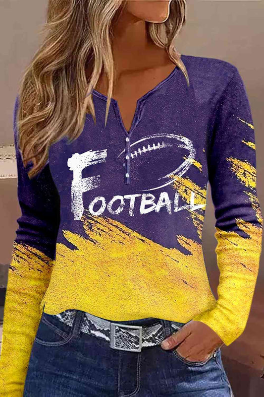 FOOTBALL Graphic Notched Neck Long Sleeve T-Shirt BLUE ZONE PLANET