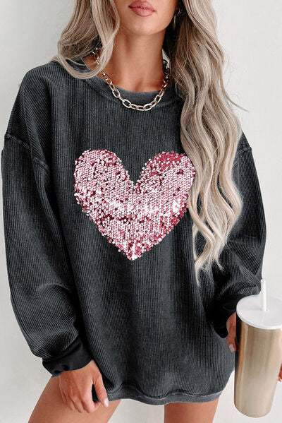 Blue Zone Planet |  Heart Sequin Round Neck Sweatshirt BLUE ZONE PLANET