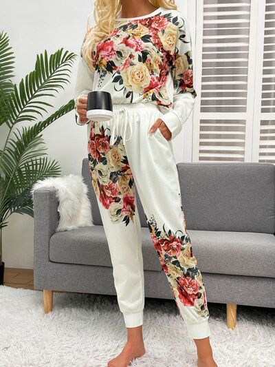 Printed Round Neck Top and Drawstring Pants Lounge Set Trendsi