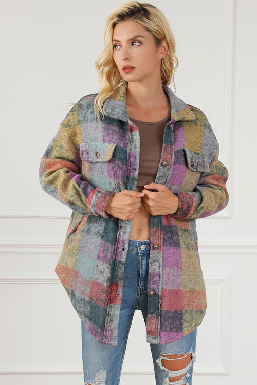 Plaid Collared Neck Button Front Jacket BLUE ZONE PLANET