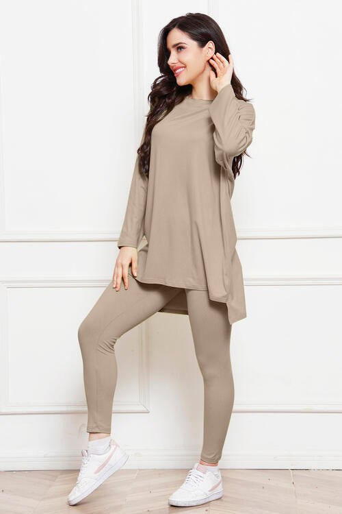 Round Neck High-Low Top and Leggings Set BLUE ZONE PLANET