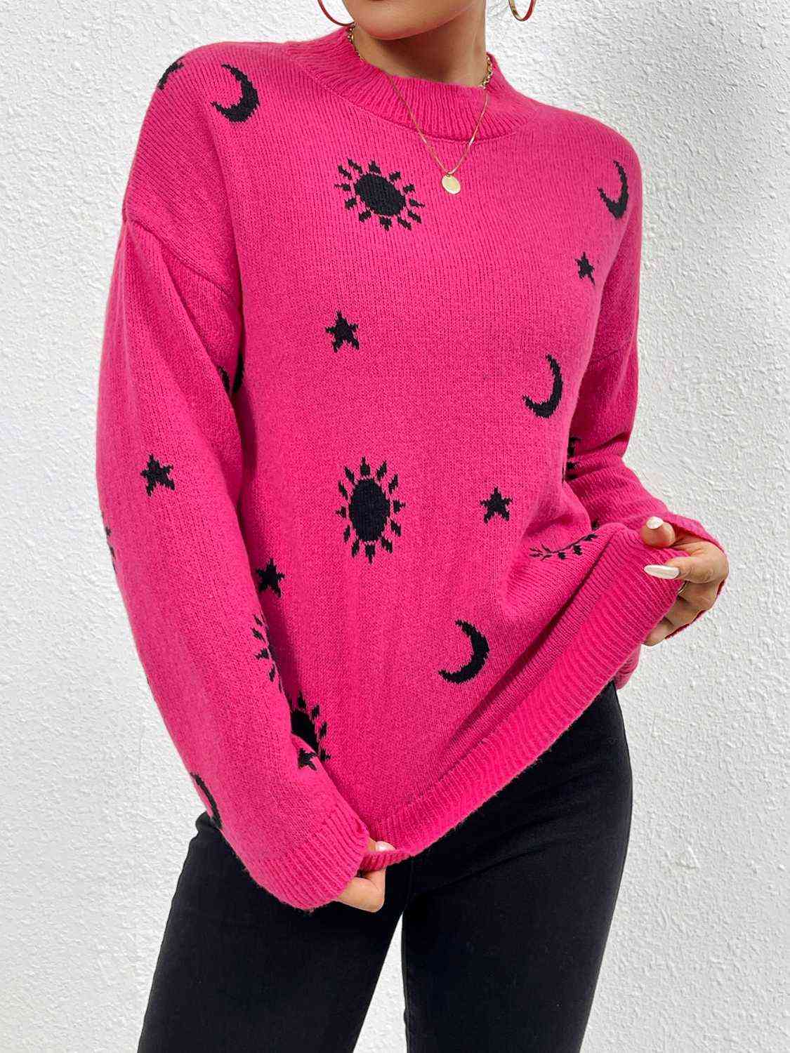 Patterned Drop Shoulder Sweater BLUE ZONE PLANET