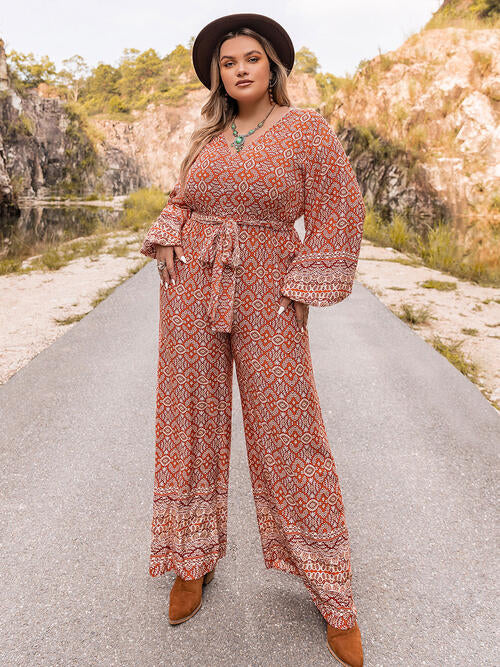 Plus Size Printed V-Neck Tie Front Balloon Sleeve Jumpsuit BLUE ZONE PLANET