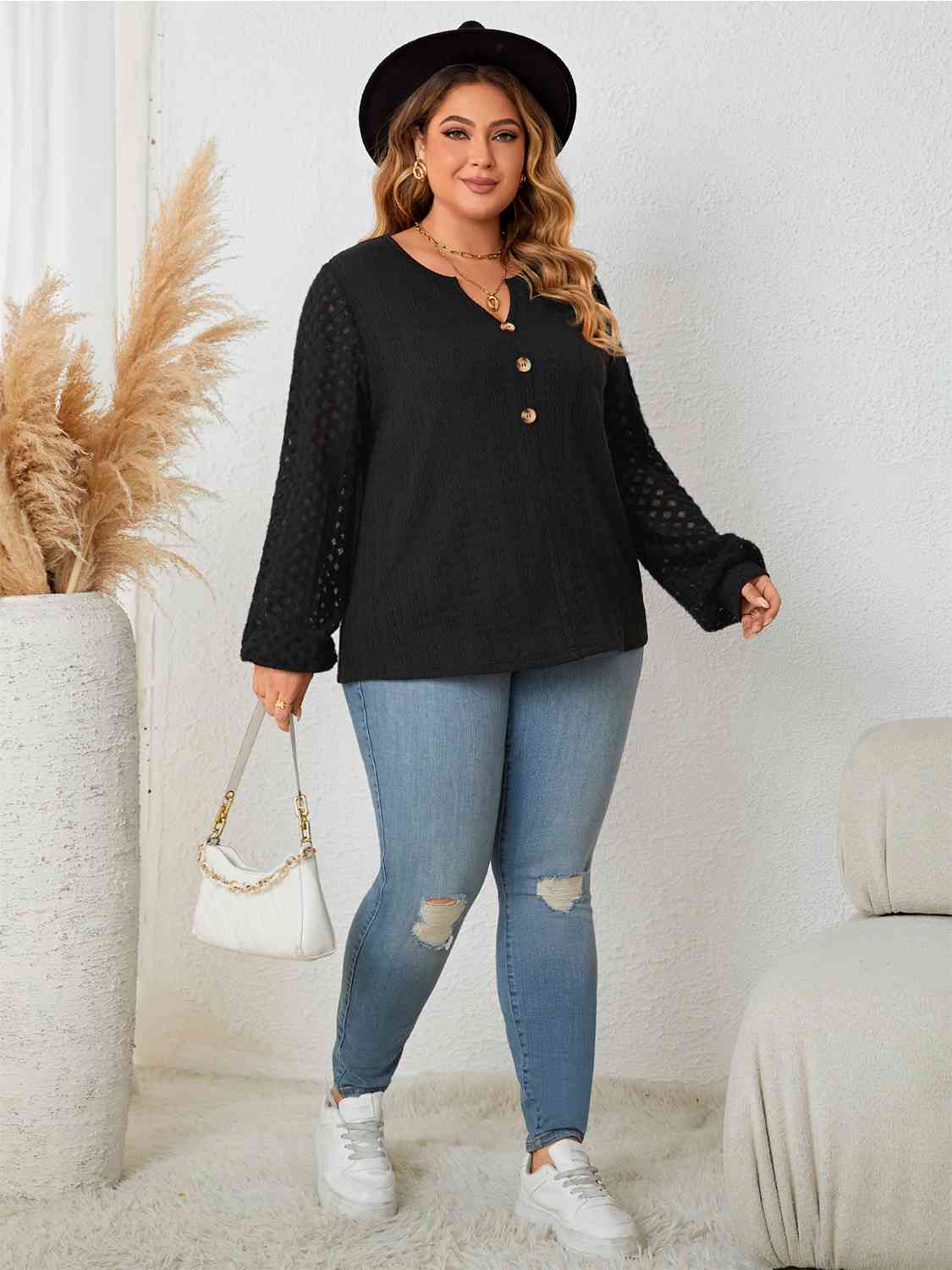 Plus Size Openwork Notched Button Front Blouse BLUE ZONE PLANET