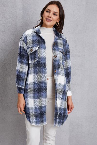 Plaid Button Up Dropped Shoulder Coat with Pockets-TOPS / DRESSES-[Adult]-[Female]-Dusty Blue-S-2022 Online Blue Zone Planet