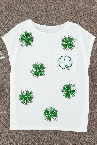 Sequin Lucky Clover Boat Neck T-Shirt BLUE ZONE PLANET