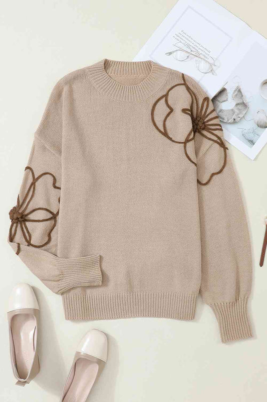 Floral Round Neck Drop Shoulder Sweater BLUE ZONE PLANET