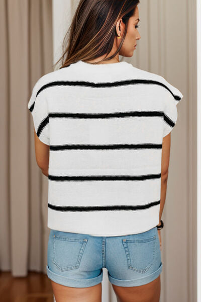 Striped Round Neck Cap Sleeve Sweater BLUE ZONE PLANET