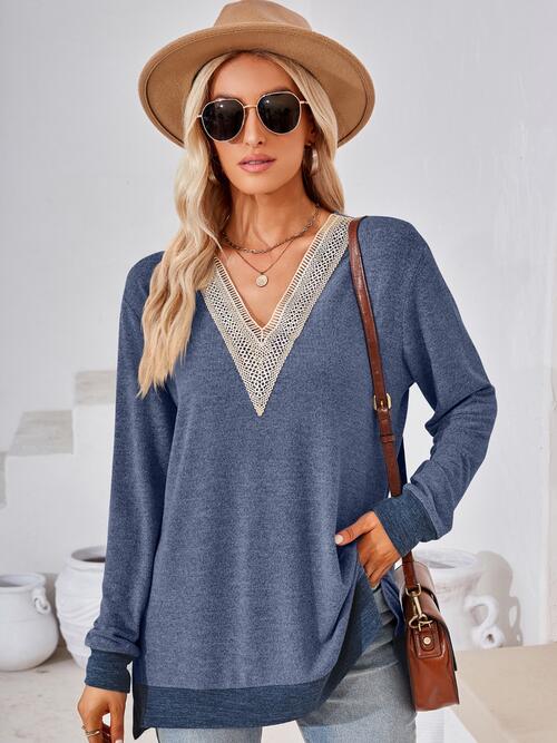 Crochet Contrast V-Neck Long Sleeve Slit T-Shirt BLUE ZONE PLANET