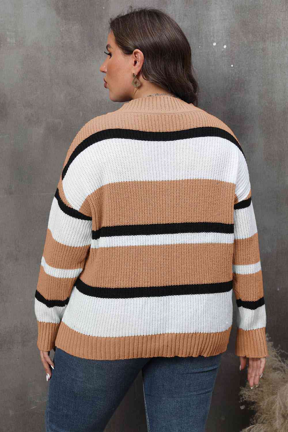 Plus Size Striped V-Neck Dropped Shoulder Sweater BLUE ZONE PLANET