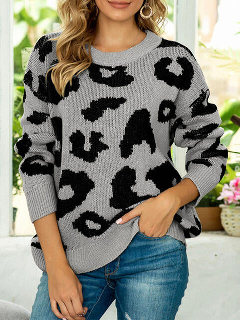 Drop Shoulder Leopard Pullover Sweater BLUE ZONE PLANET