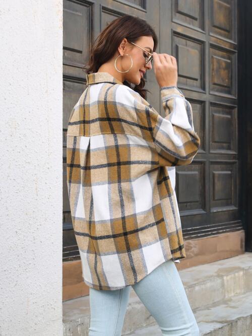 Plaid Button Up Collared Neck Long Sleeve Shirt BLUE ZONE PLANET